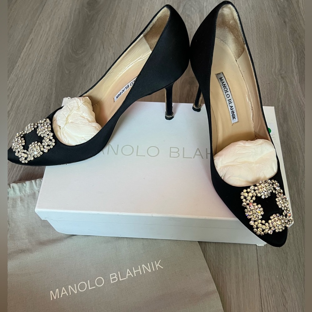 Manolo Blahnik Black Heels with Crystal Embellishments